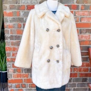 Vintage Jet Set California Faux Fur Coat White/Cream Jacket 7/8 Double Breasted